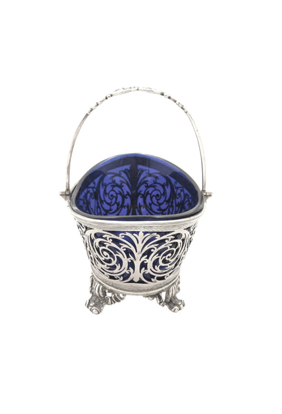 Antique Edwardian Sterling Silver Basket with Blue Glass Liner 1901