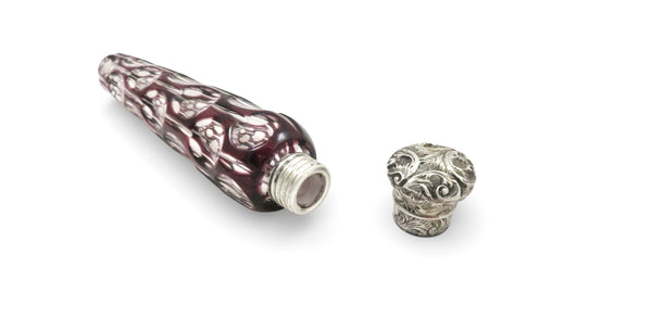 Antique Victorian Silver & Purple Overlay Cut Glass Scent / Perfume Bottle c1880