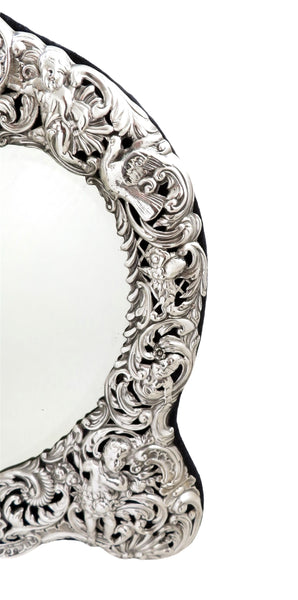 Antique Victorian Sterling Silver Dressing Table Mirror - Cherubs & Birds 1899