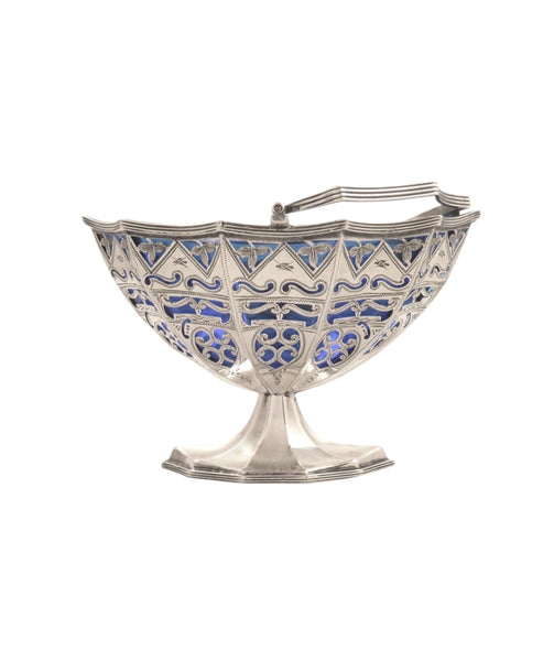 Antique Edwardian Sterling Silver Basket with Blue Glass Liner 1901