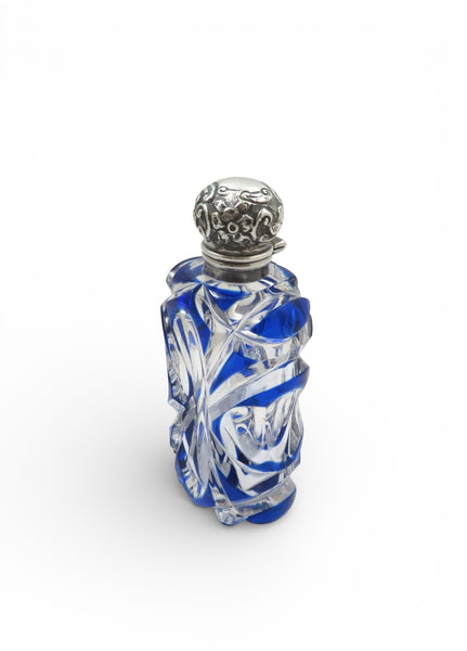 Antique Victorian Sterling Silver & Blue Overlay Glass Scent / Perfume Bottle 1898