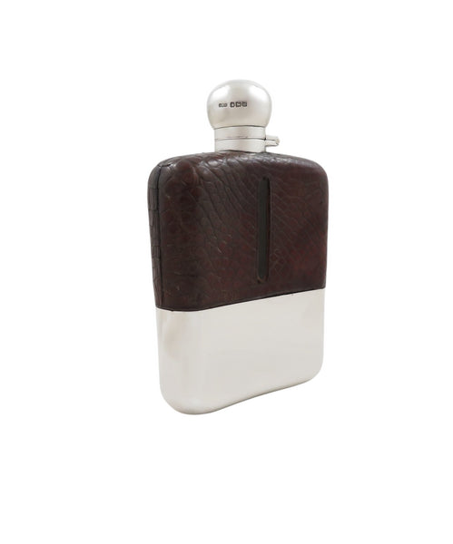 Antique Sterling Silver & Crocodile Leather 6" Hip Flask 1912
