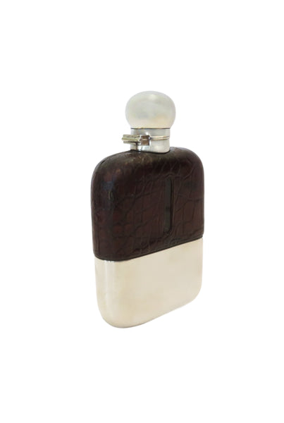 Antique Silver Plated & Crocodile Leather Hip Flask c1880