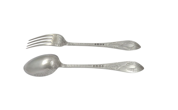 Antique Victorian Sterling Silver Christening Spoon & Fork in Case 1877