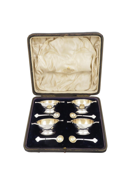 Set of 4 Antique Edwardian Sterling Silver Salts & Spoons in Case 1909