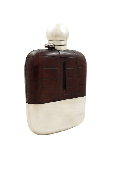 Antique Silver Plated & Crocodile Leather Hip Flask c1880