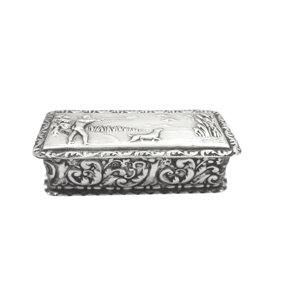 Antique Edwardian Sterling Silver Trinket Box with Hunting Scene 1902