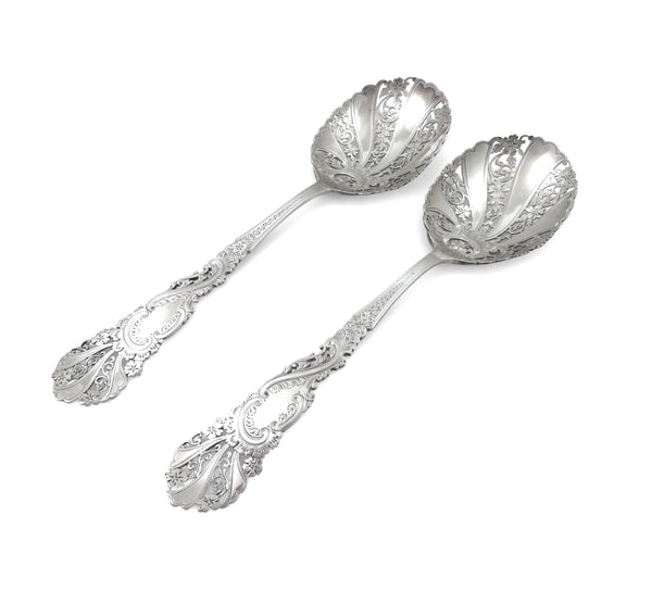 Pair of Antique Victorian Sterling Silver Pierced Serving Spoons in Case 1899