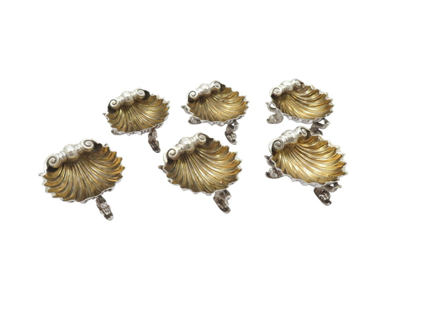 Set of 6 Antique Victorian Sterling Silver Dolphin Shell Salt Cellars 1870