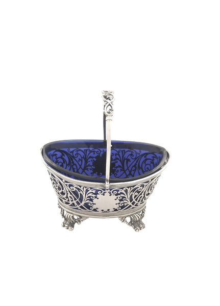 Antique Edwardian Sterling Silver Basket with Blue Glass Liner 1901