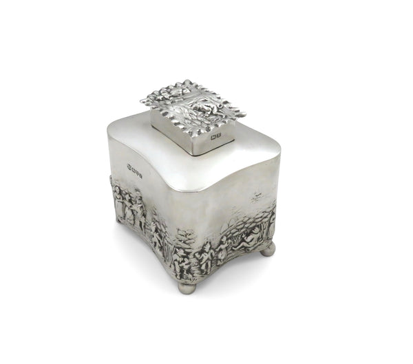 Antique Edwardian Sterling Silver Caddy with Village Scenes 1910