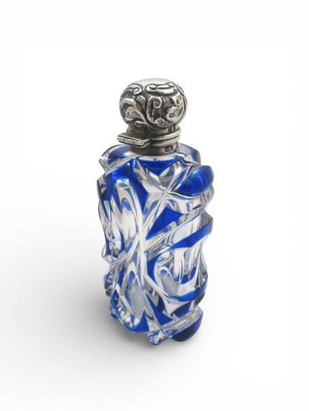 Antique Victorian Sterling Silver & Blue Overlay Glass Scent / Perfume Bottle 1898