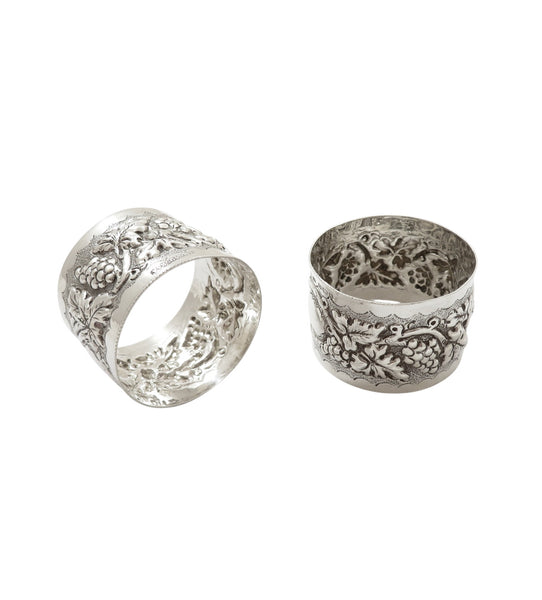 Pair of Antique Victorian Sterling Silver 'Grape & Vine' Napkin Rings in Case 1900