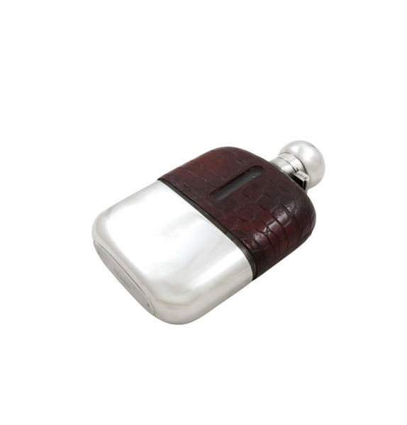 Antique Sterling Silver & Crocodile Leather 5" Hip Flask 1929