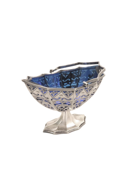 Antique Edwardian Sterling Silver Basket with Blue Glass Liner 1901