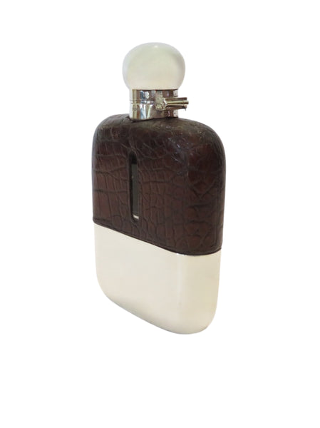 Antique Silver Plated & Crocodile Leather Hip Flask c1880