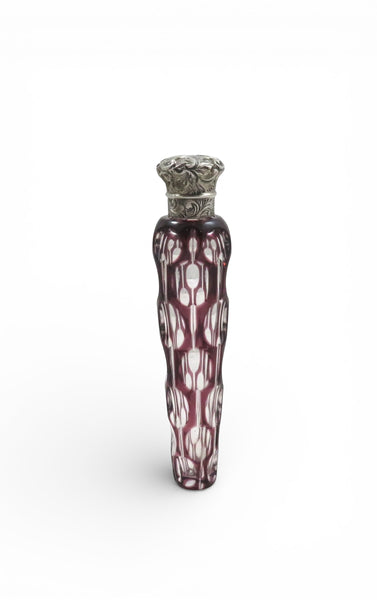 Antique Victorian Silver & Purple Overlay Cut Glass Scent / Perfume Bottle c1880