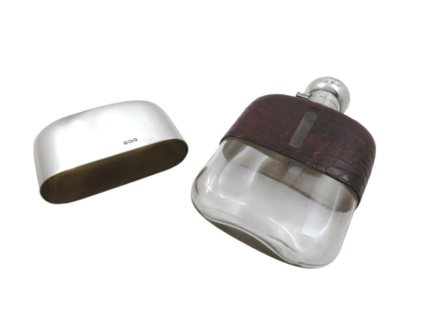 Antique Sterling Silver & Crocodile Leather 5" Hip Flask 1929