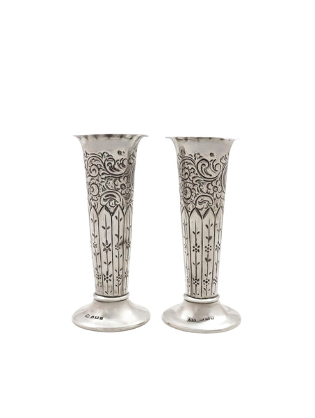 Pair of Antique Victorian Sterling Silver 4 1/2" Vases 1890
