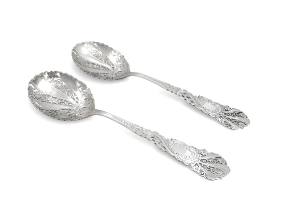 Pair of Antique Victorian Sterling Silver Pierced Serving Spoons in Case 1899