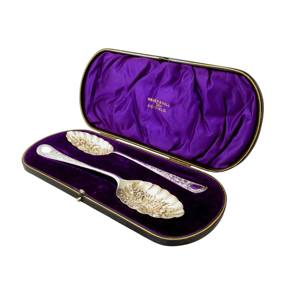 Pair of Antique Edwardian Sterling Silver Berry Spoons in Case 1905