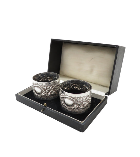 Pair of Antique Victorian Sterling Silver 'Grape & Vine' Napkin Rings in Case 1900