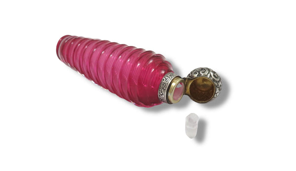 Antique Victorian Silver & Cranberry Glass Perfume / Scent Bottle 1899