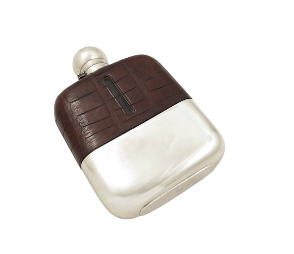 Antique Silver Plated & Crocodile Leather Hip Flask c1880