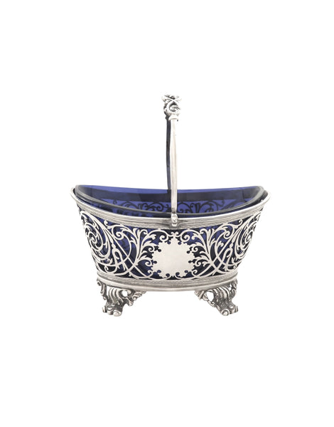 Antique Edwardian Sterling Silver Basket with Blue Glass Liner 1901