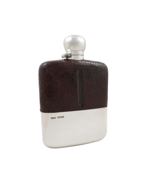 Antique Sterling Silver & Crocodile Leather 6" Hip Flask 1912