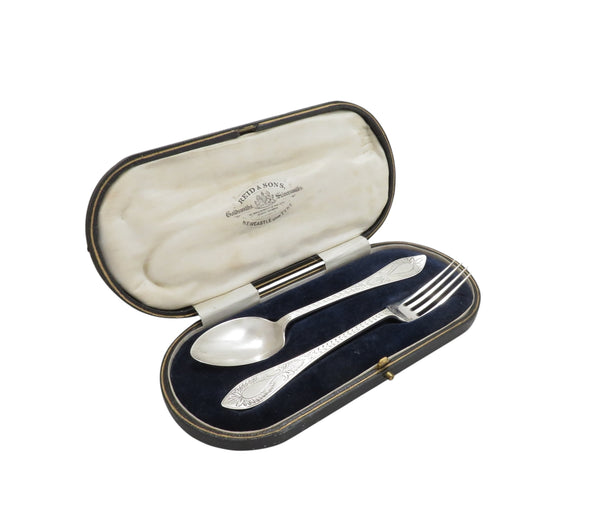 Antique Victorian Sterling Silver Christening Spoon & Fork in Case 1877