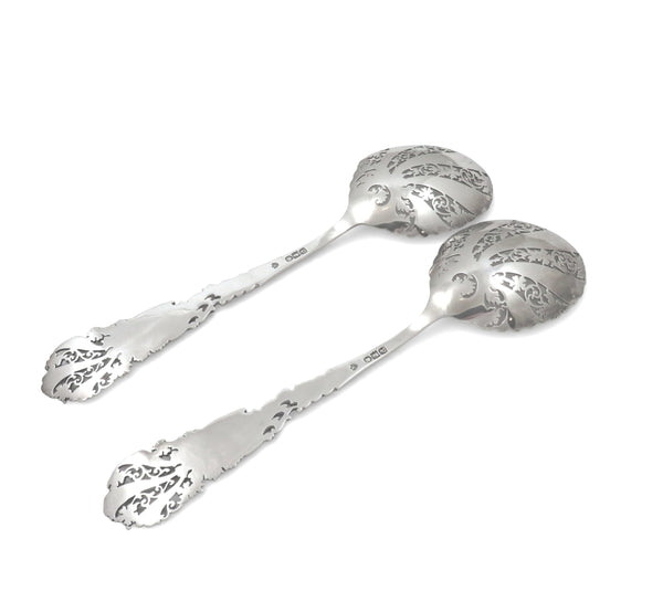 Pair of Antique Victorian Sterling Silver Pierced Serving Spoons in Case 1899