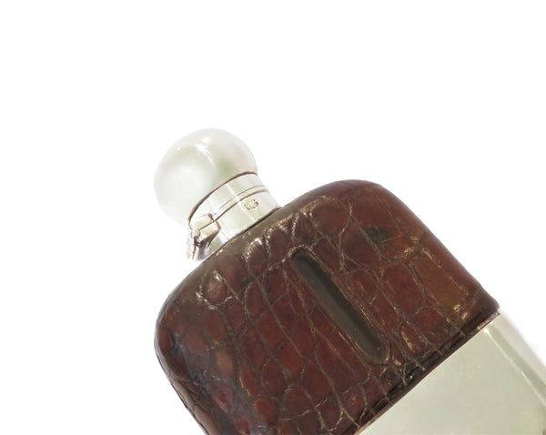 Antique Silver Plated & Crocodile Leather Hip Flask c1880