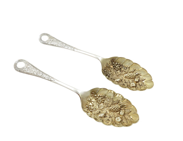 Pair of Antique Edwardian Sterling Silver Berry Spoons in Case 1905