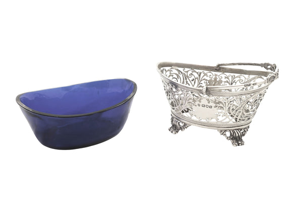 Antique Edwardian Sterling Silver Basket with Blue Glass Liner 1901
