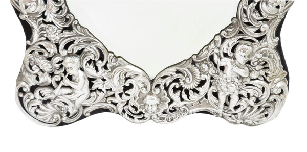 Antique Victorian Sterling Silver Dressing Table Mirror - Cherubs & Birds 1899