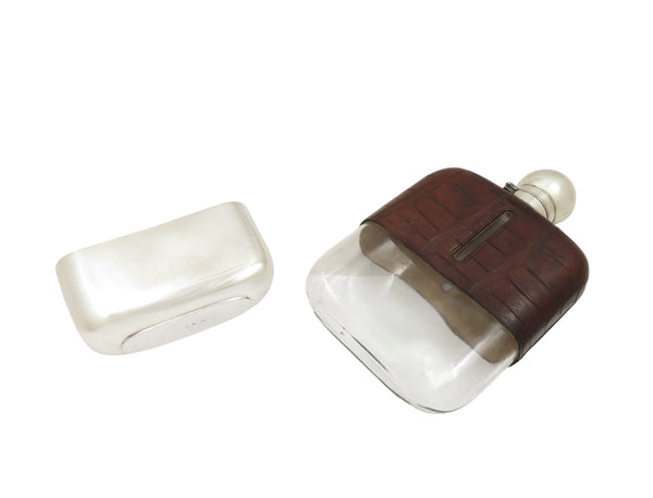 Antique Silver Plated & Crocodile Leather Hip Flask c1880