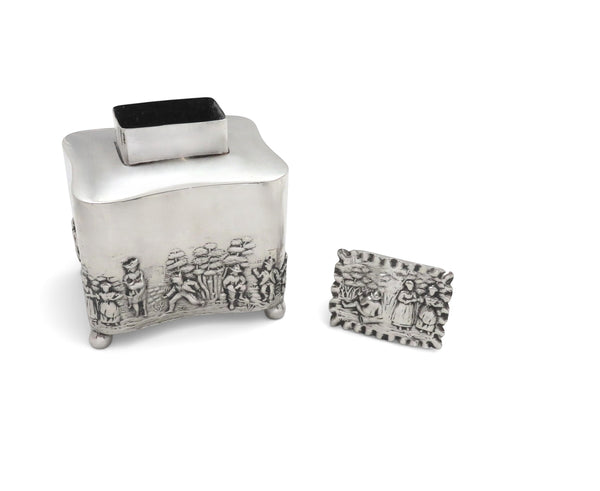 Antique Edwardian Sterling Silver Caddy with Village Scenes 1910