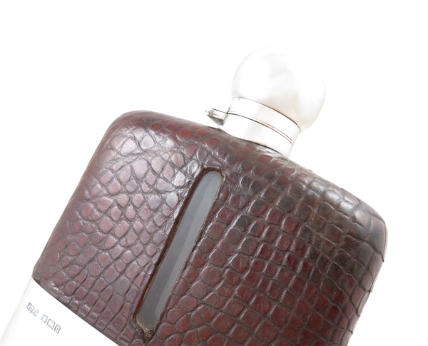 Antique Sterling Silver & Crocodile Leather 6" Hip Flask 1912