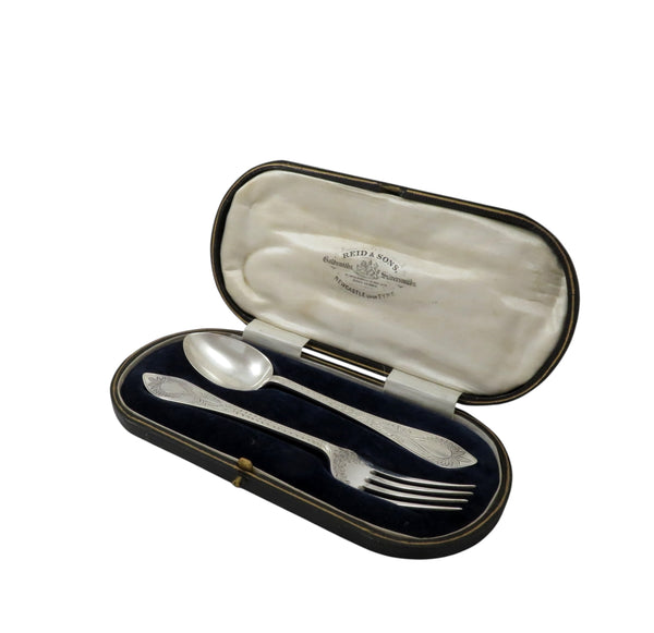 Antique Victorian Sterling Silver Christening Spoon & Fork in Case 1877