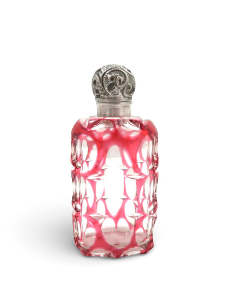 Antique Edwardian Sterling Silver & Red Overlay Glass Scent / Perfume Bottle 1903