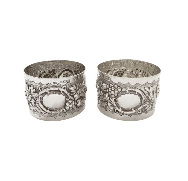 Pair of Antique Victorian Sterling Silver 'Grape & Vine' Napkin Rings in Case 1900