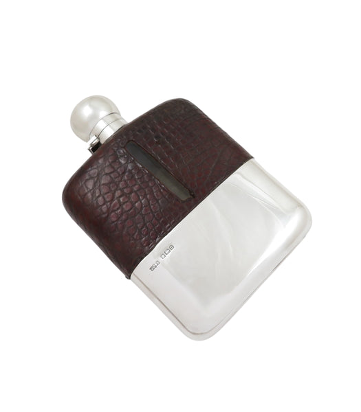 Antique Sterling Silver & Crocodile Leather 6" Hip Flask 1912