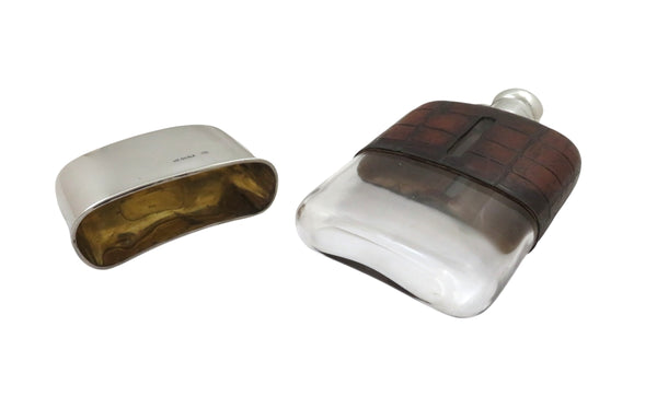 Antique Victorian Sterling Silver & Crocodile Leather 6" Hip Flask 1899