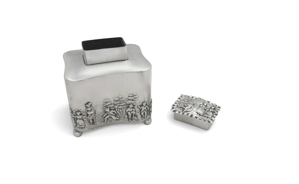 Antique Edwardian Sterling Silver Caddy with Village Scenes 1910