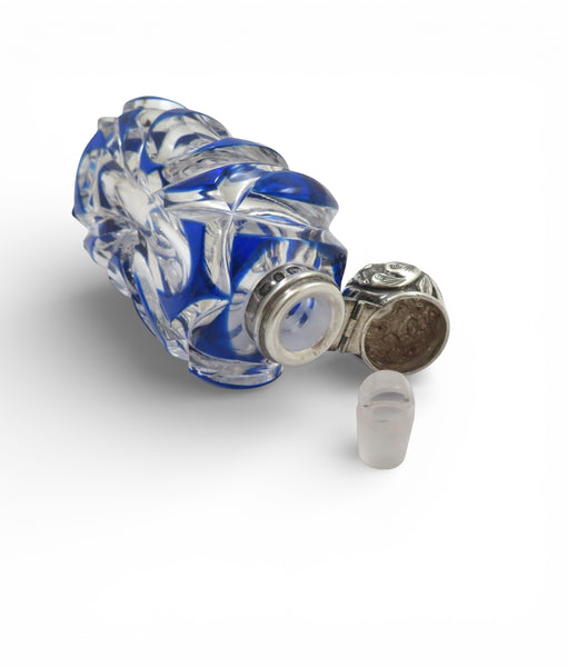 Antique Victorian Sterling Silver & Blue Overlay Glass Scent / Perfume Bottle 1898
