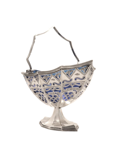 Antique Edwardian Sterling Silver Basket with Blue Glass Liner 1901
