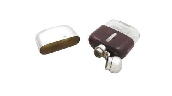 Antique Sterling Silver & Crocodile Leather 5" Hip Flask 1929