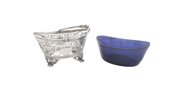 Antique Edwardian Sterling Silver Basket with Blue Glass Liner 1901