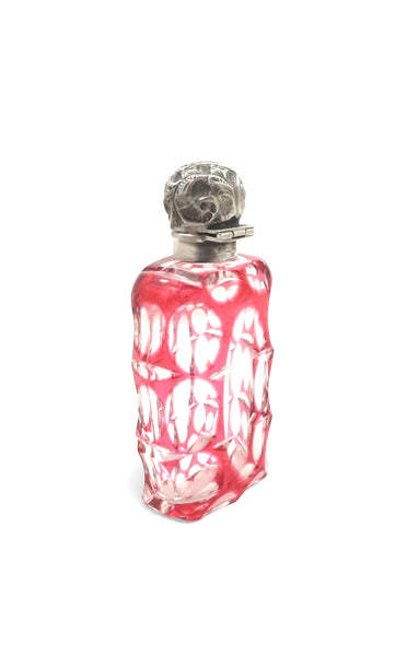 Antique Edwardian Sterling Silver & Red Overlay Glass Scent / Perfume Bottle 1903